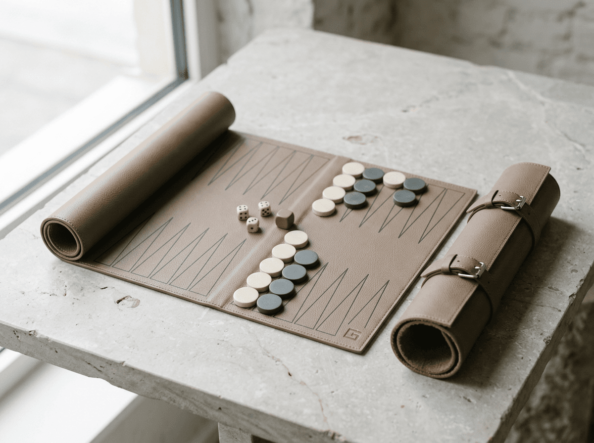 A plain taupe travel roll-up backgammon set with cream and charcoal checkers and one tiny, discreet logo debossed in a corner