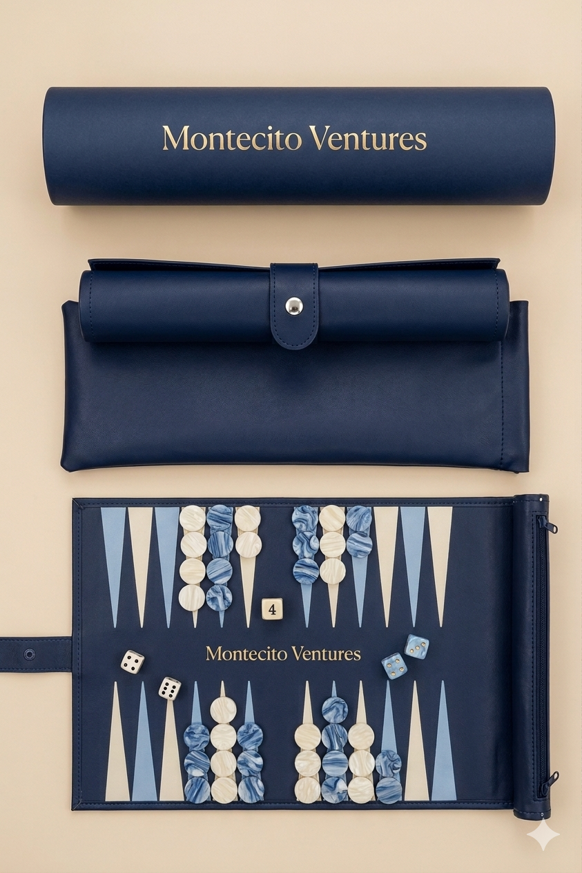 Signature travel backgammon set: printed tube, rolled leather case, pouch, and open roll-up board with chips and dice